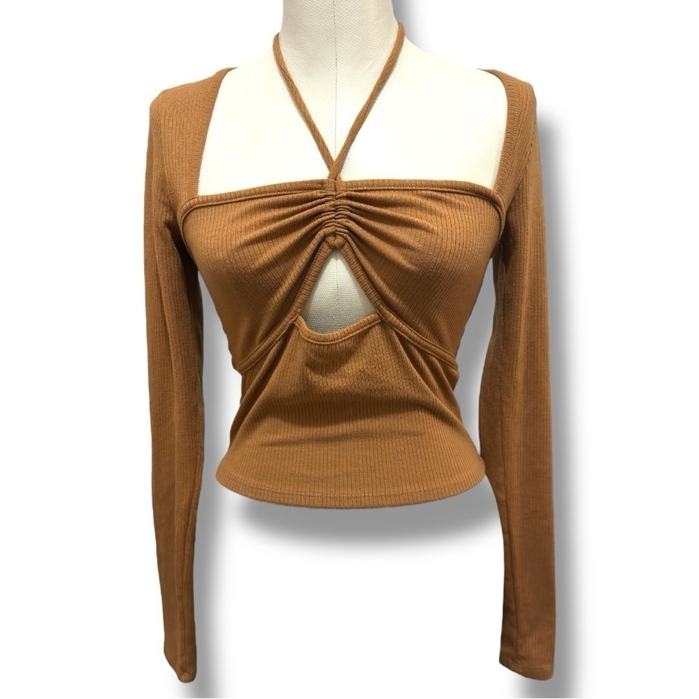 191 Forever 21 | Mexico EUC Rust Ribbed Cutout Long Sleeves Top (Size S) - Picture 2 of 9